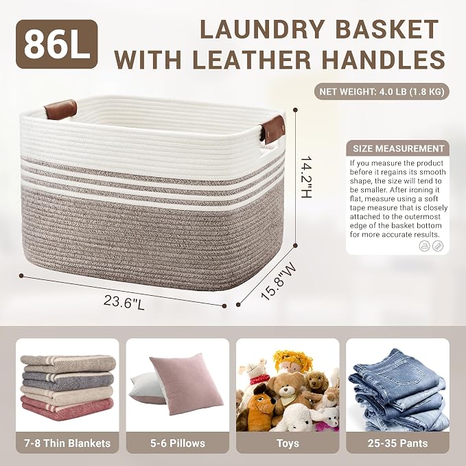 86L Extra Large Laundry Basket with Leather Handles for Living Room Storage, Woven Rope Baskets for Blanket, Kids Toy, Gifts, Wicker Hamper for Bedroom Dirty Clothes, 24"x16"x14" Dark Brown