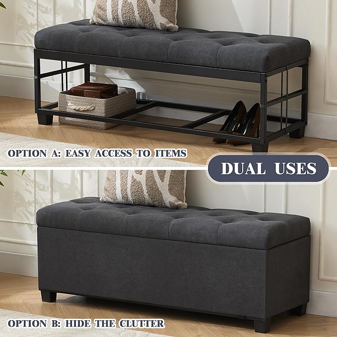 Mangodan 43 Inch Linen Storage Ottoman Bench, Foot Rest with Legs, End of Bed Bench, Storage Chest, Load up to 660 Lb, Ottoman with Storage Bench for Living Room, Bedroom, Entryway (Charcoal)