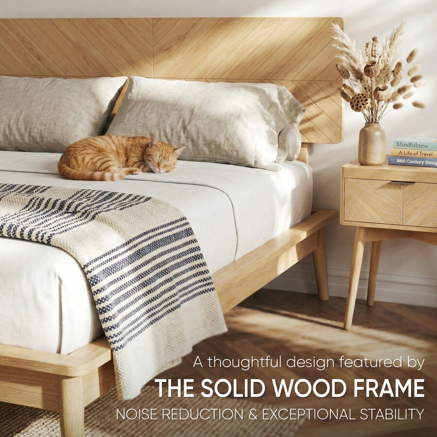 Loki Solid Wood Bed Frame Full, Premium Platform Bed with Chevron Headboard and Wood Slat Support, Noise-free, Easy Assembly, No Box Spring Needed, Mid-Century Modern Minimalist Styles (Light Oak)