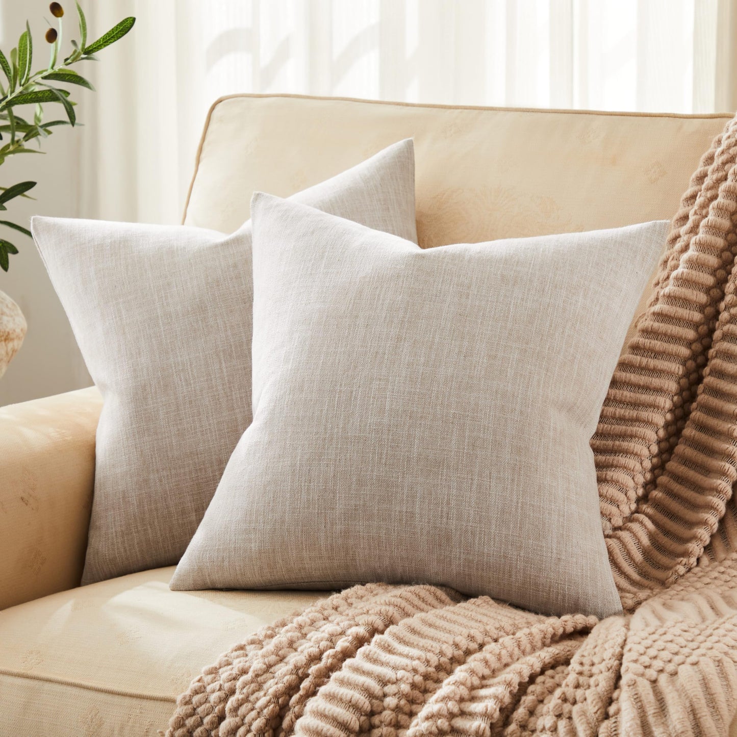 ZeeMart Rustic Cotton Linen Throw Pillow Covers Set of 2, 18x18 Inch Taupe, Farmhouse Style Decorative Couch Pillow Cases Beige Cushion Covers for Sofa Bed Living Room Home Decor