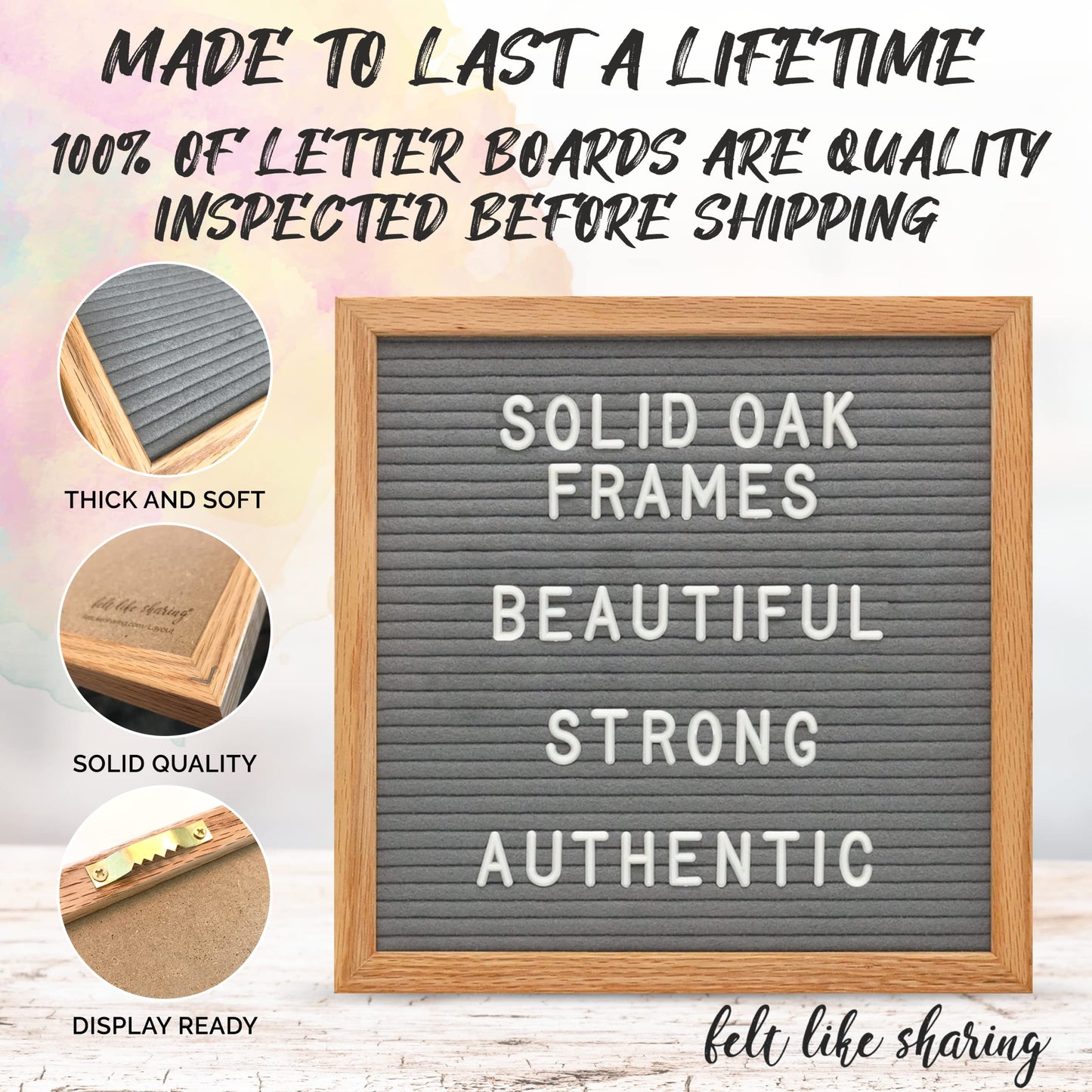 Felt Like Sharing Square Letter Board (Light Pink Felt - 10”x10”) – Changeable Message Board with 3 Sets of Felt Board Letters for Home, Office, & Aesthetic Room Decor – Wall Letterboard Signs In Oak Frame