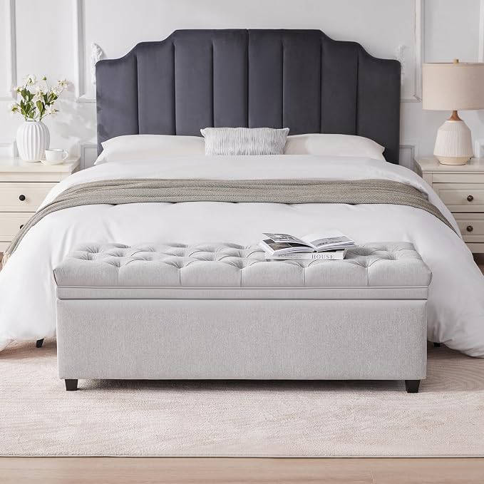Mangodan 50" Storage Ottoman Bench, Tufted Ottoman with Storage for Living Room, Large End of Bed Ottomans, Modern Entryway Benchs, Window & Bedroom Benches for Foot of Bed (LightGray)