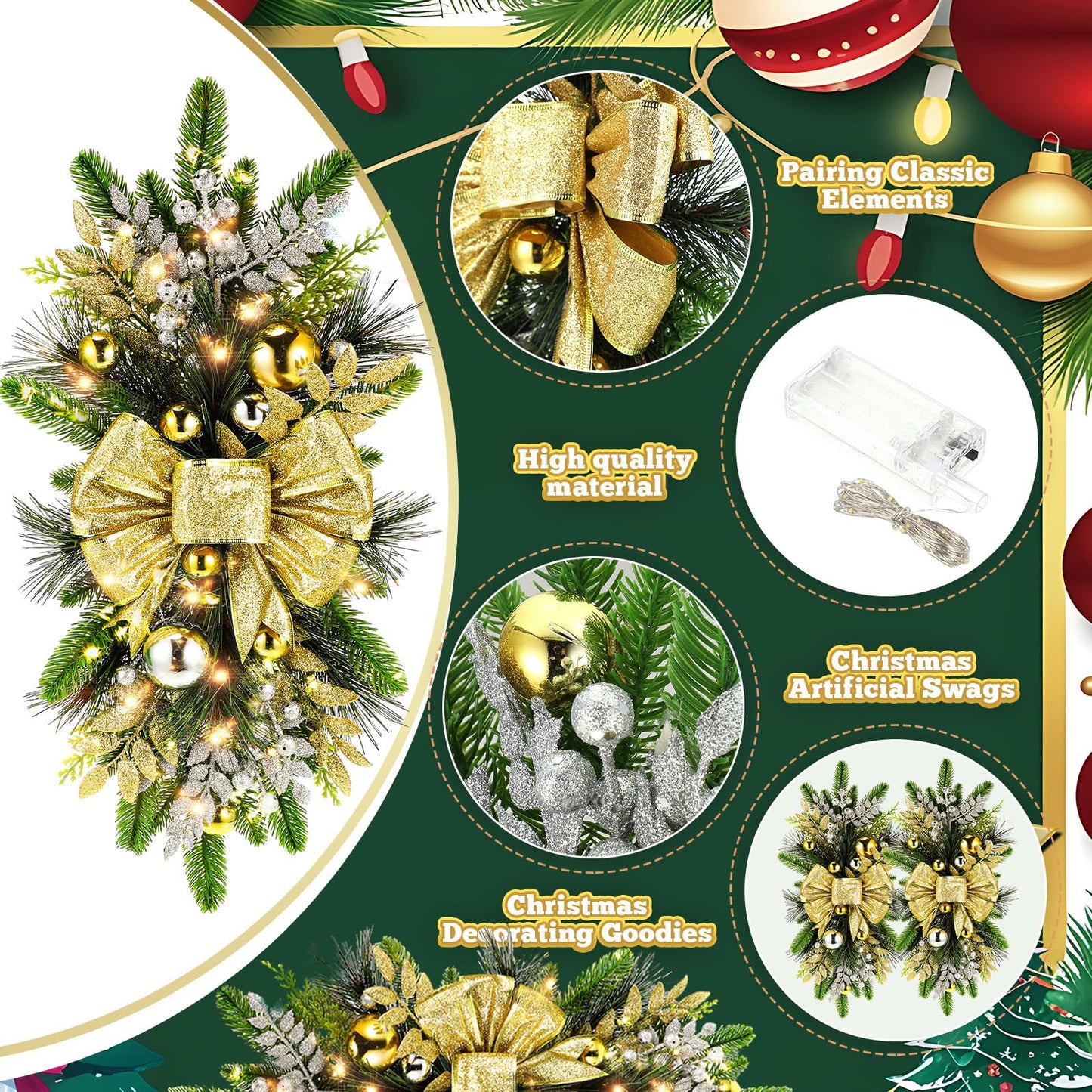 Lyrow 16 Pack Christmas Artificial Swags 24 Xmas The Cordless Prelit Stairway Swag Teardrop Trim Wreath Door Stair Garland Christmas Decoration for Outdoor Home Garden Decor (Rustic Style,Gold)