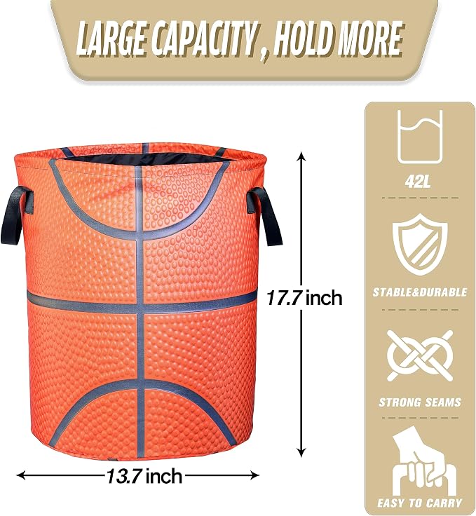 Basketball Texture Laundry Basket Ball Foldable Waterproof Oxford Cloth Funny Tote Bag Laundry Hamper Clothes Storage Bucket Organizer For Bathroom/Laundry Storage/Bedroom 18.9x16.5 Inch
