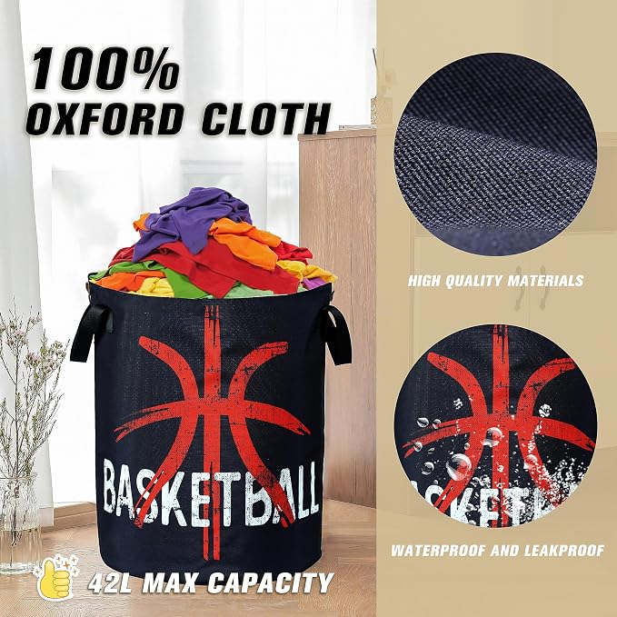 Basketball Laundry Basket Ball Foldable Oxford Cloth Funny Tote Bag Laundry Hamper Clothes Storage Bucket Organizer For Bathroom/Laundry Storage/Bedroom 18.9x16.5 Inch