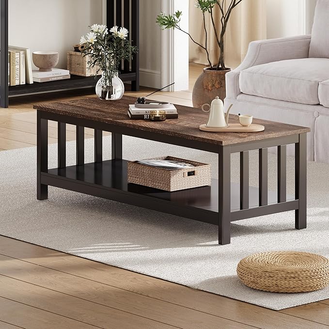 ChooChoo Mission Coffee Table, Wood Living Room Table with Shelf, 47 inch, Espresso