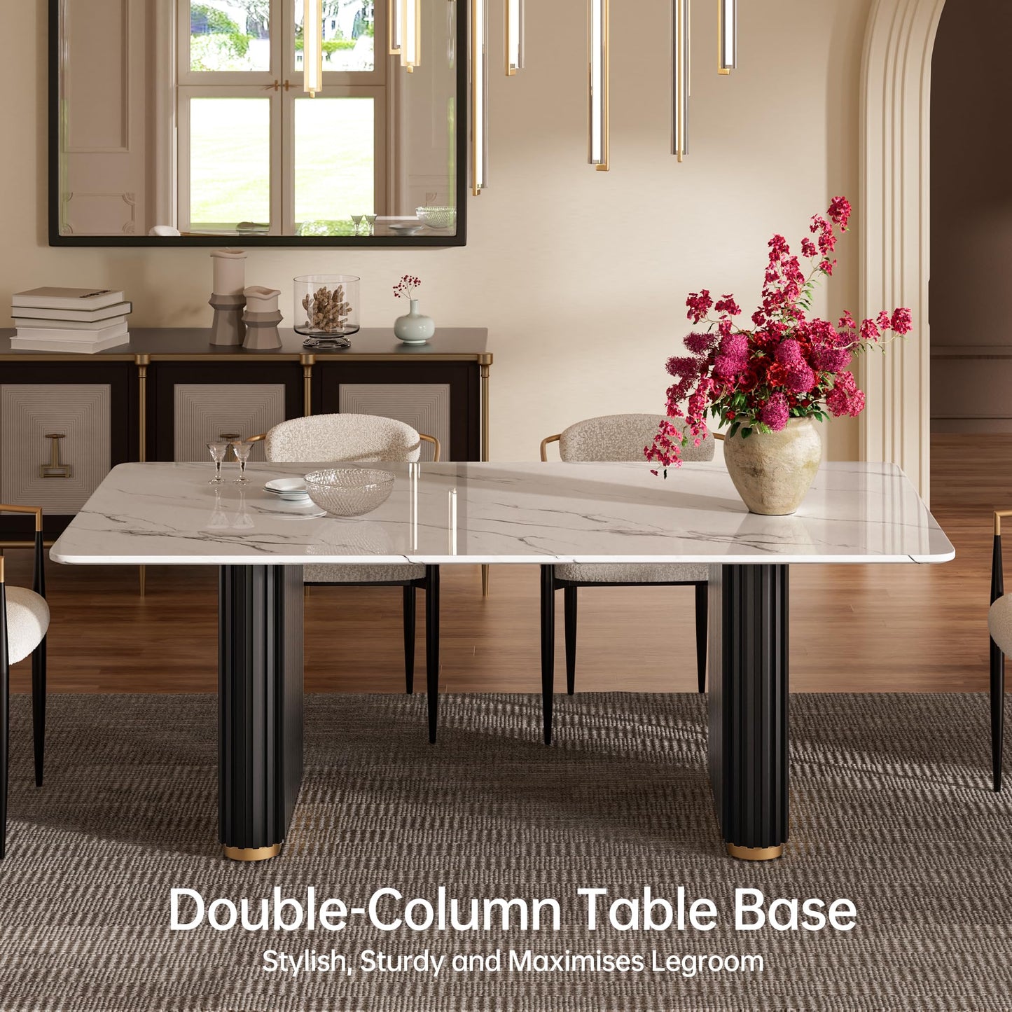 Morden Fort Marble Dining Table for 6, 70 Inch Modern Kitchen Table with Black Fluted Base and Gold Trim for Ktichen, Dining Room and Reception