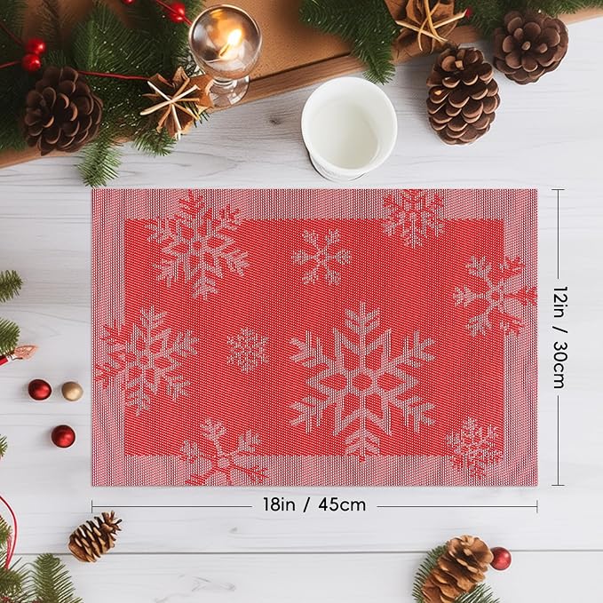 Aofmee Christmas Placemats Set of 6, Washable Christmas Place Mats for Kitchen Dining Table, Indoor/Outdoor Woven Vinyl Christmas Table Mats, Non-Slip Heat Resistant Holiday Placemats Easy to Clean