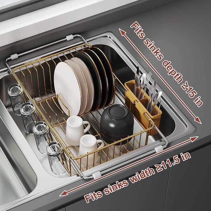 JASIWAY Gold Dish Drying Rack in Sink, Expandable Stainless Steel Dish Drainers for Kitchen Counter, Dish Dryer Rack for Inside Sink, Over The Sink Dish Racks with Utensil Holder