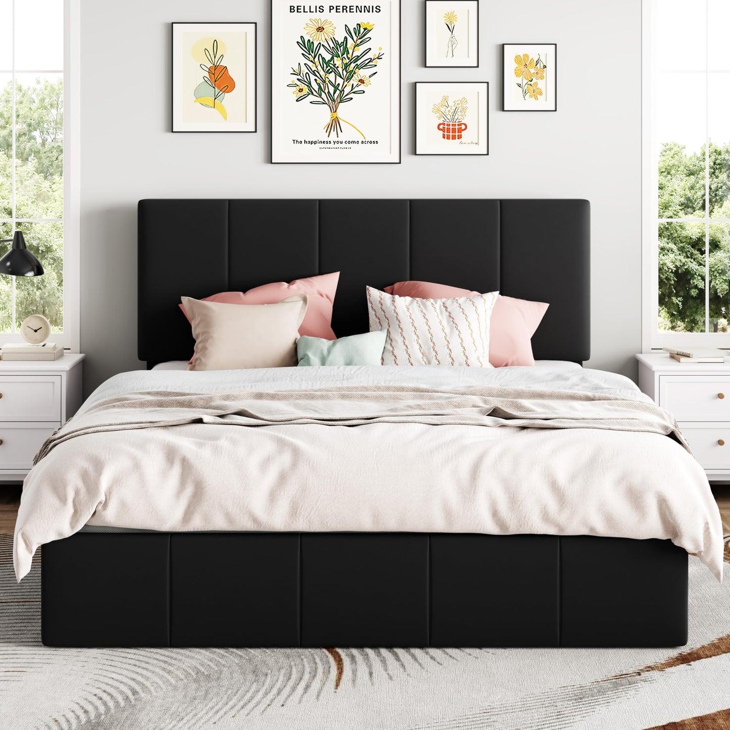 SHA CERLIN Queen Size Lift Up Storage Bed Frame, Adjustable Headboard, Hydraulic Support, Velvet Upholstered, Easy Installation, No Box Spring Needed, Black