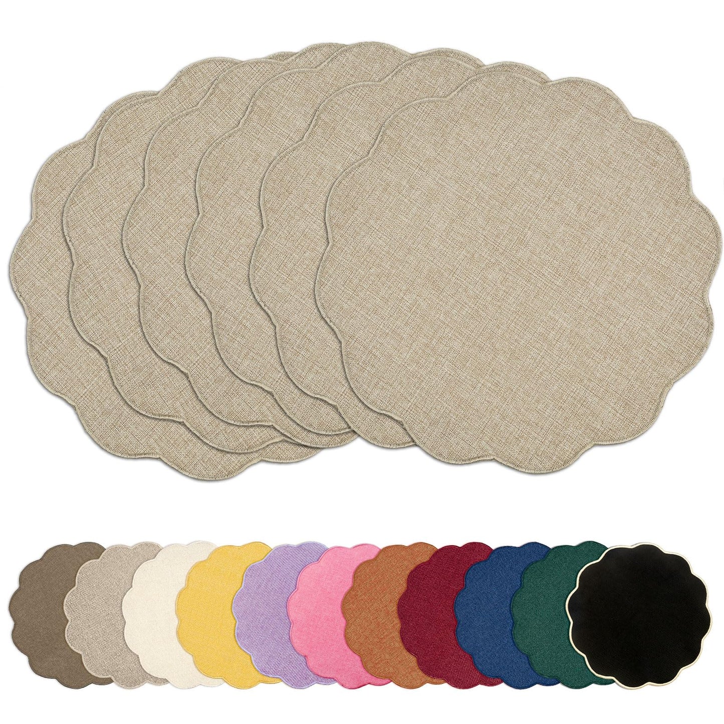 AHHFSMEI Round Faux Linen Placemats Set of 6 Heat Resistant Non-Slip Stain Proof Table Mats for Kitchen Dining Elegant Decor Place Mats (Linen Beige,6)