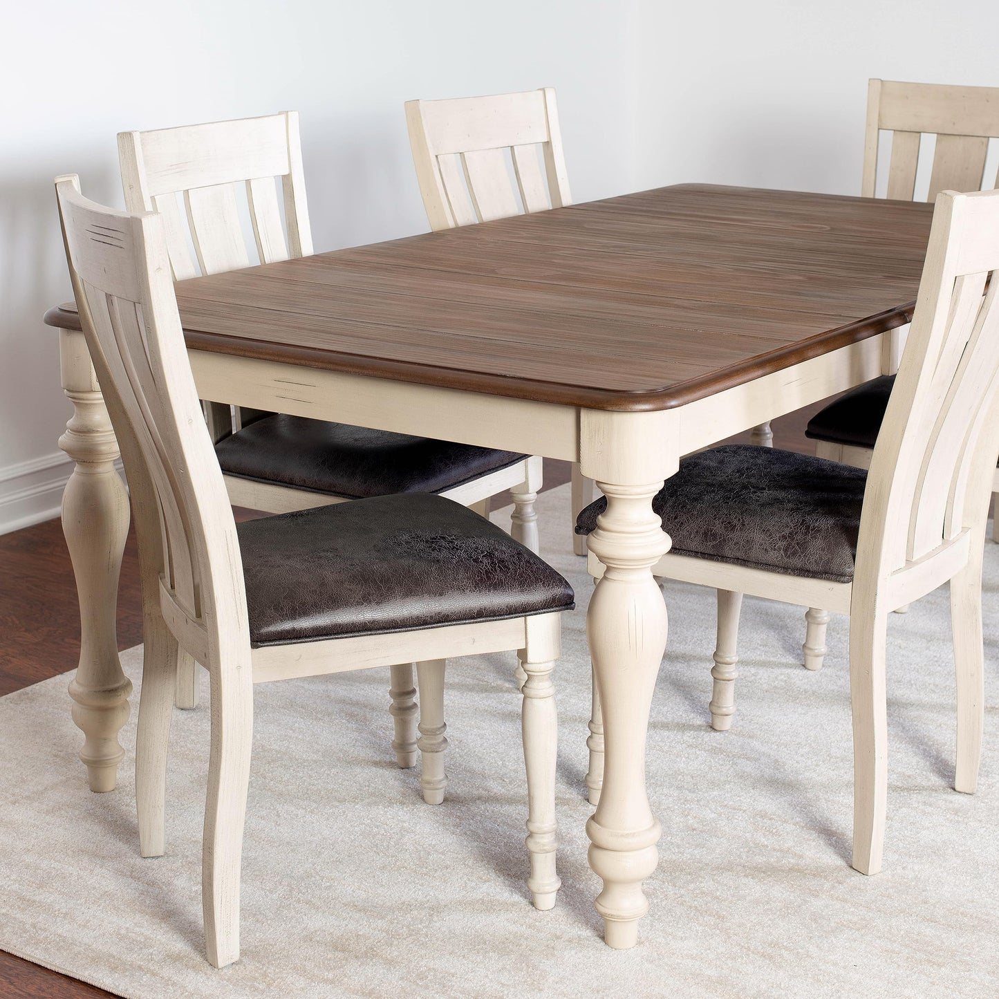 Roundhill Furniture Arch Solid Wood Dining Set: Table with Extension Leaf, Six Chairs, Distressed White and Dark Oak