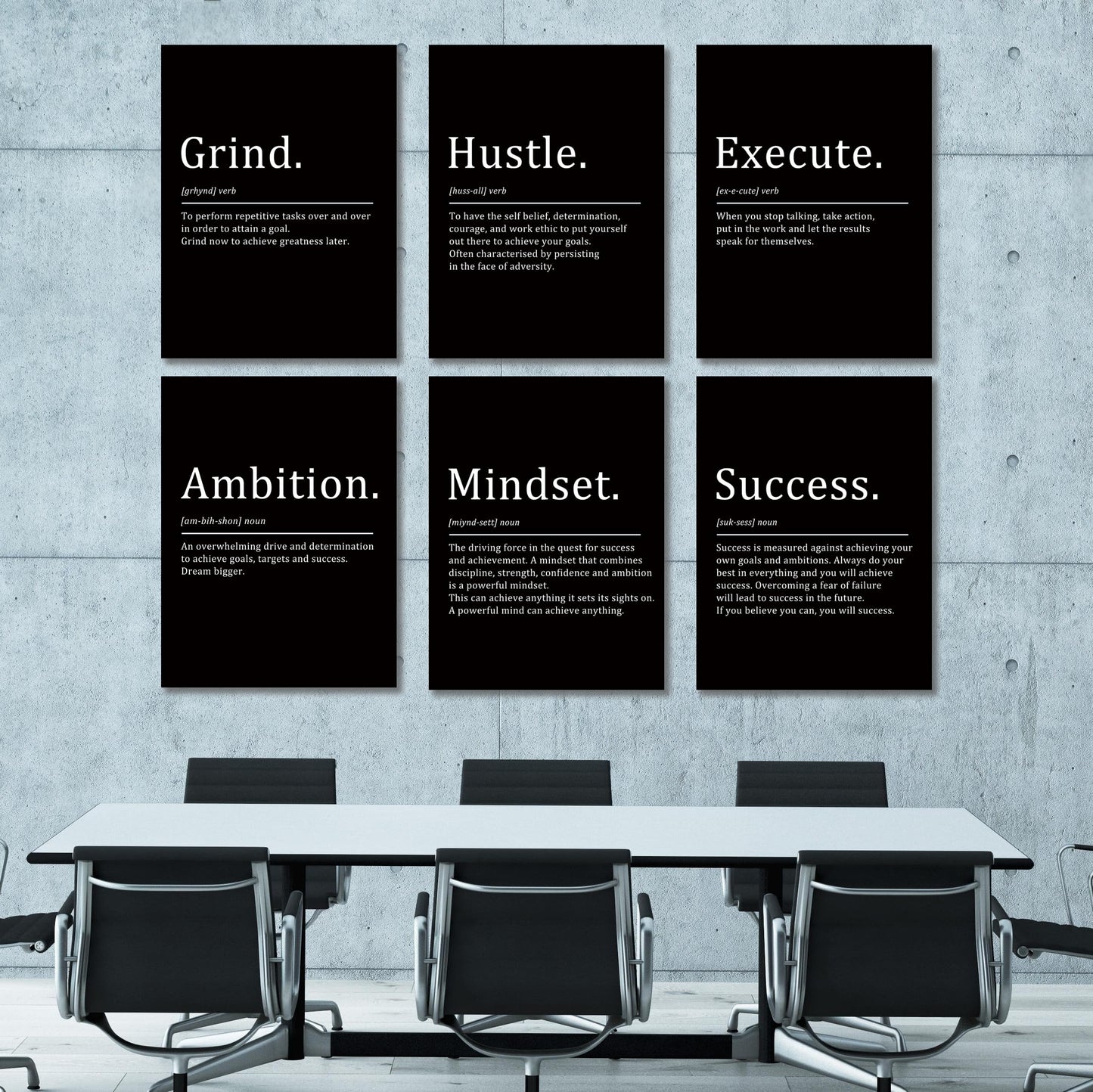 COSCTOR Set of 6 Grind Hustle Execute Ambition Mindset Success Motivational Wall Art Picture Decor Canvas Framed for Office Bedroom Inspirational Home Posters Paintings Ready to Hang(Framed,9x12)