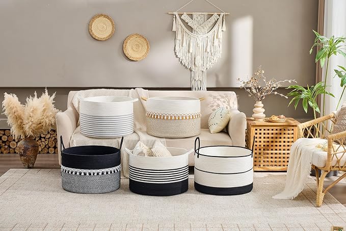 KAKAMAY Cotton Rope Storage Basket (20"x13"),Woven Hamper for Blankets,Toys,Pillows,Clothes,Laundry,Sturdy Handles Decorative Basket for Living Room, Bedroom,Nursery(Black/Beige)