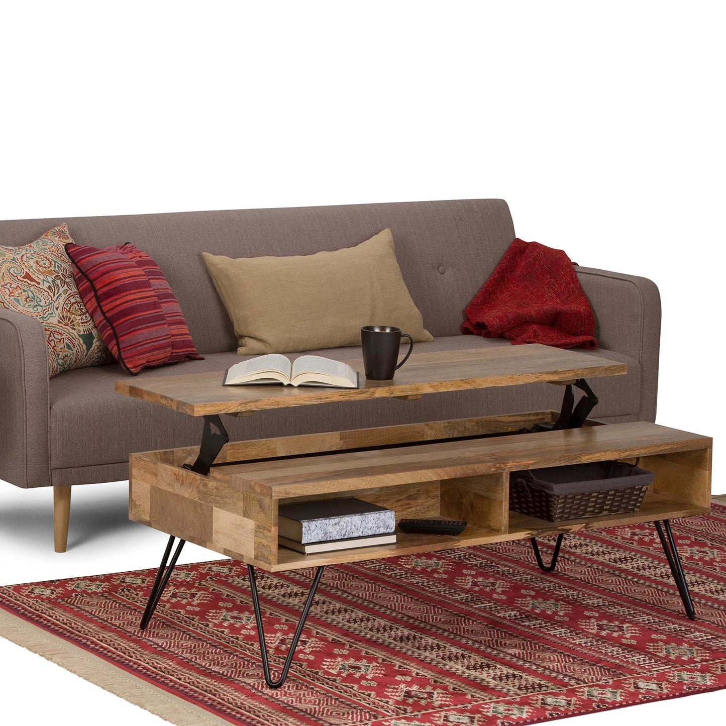 SIMPLIHOME Hunter Lift Top Coffee Table - 48 inch Wide Solid Mango Wood and Metal Industrial Cocktail Table in Natural, Functional Living Room Table with 2 Storage Cubbies and Hairpin Legs