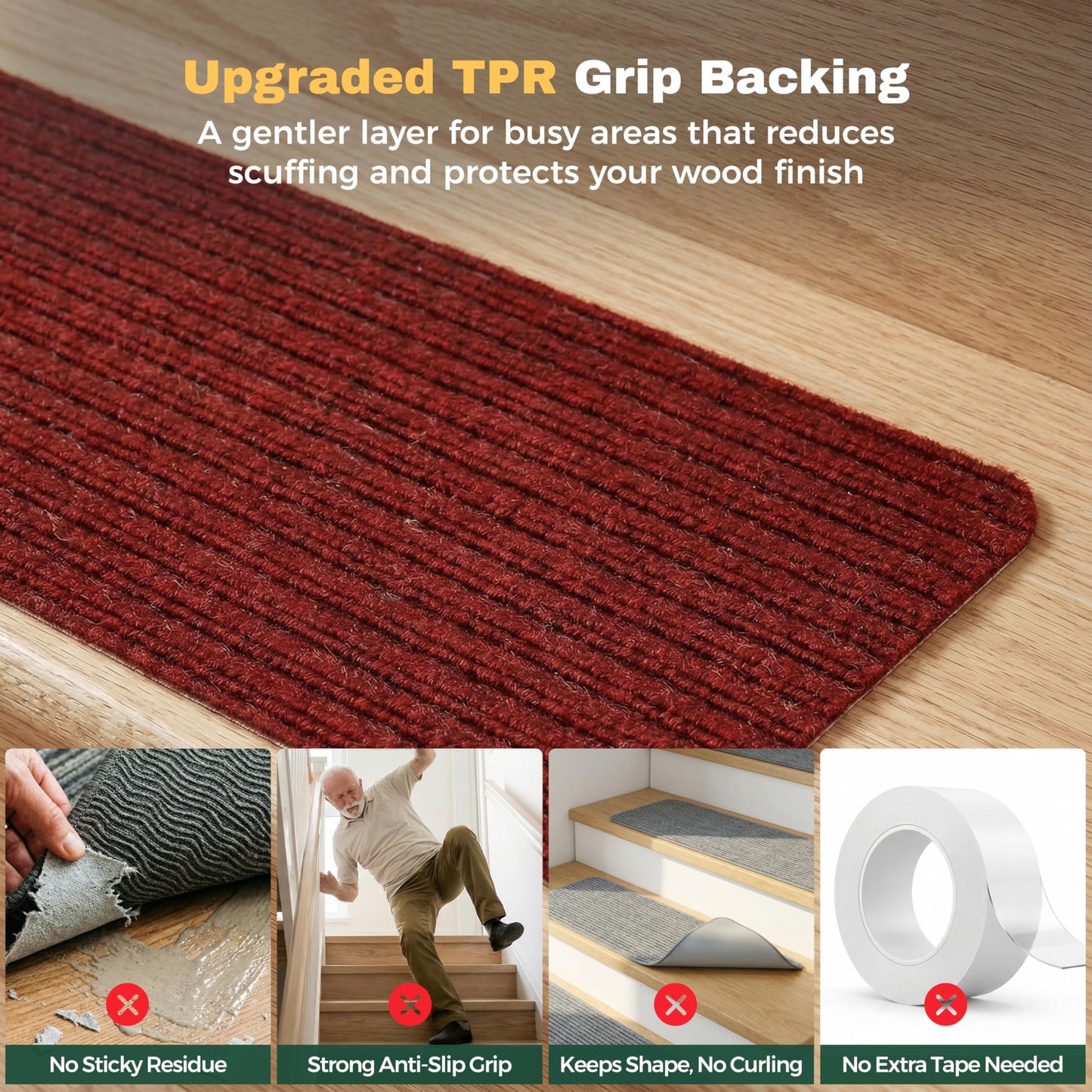 MBIGM 8" X 30" (15 in Pack) Non-Slip Carpet Stair Treads Non-Skid Safety Rug Slip Resistant Indoor Runner for Kids Elders & Pets w/Reusable Adhesive Red Anti-Slip Stair Strips - Washable Stair Treads