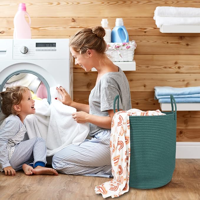 XUANGUO Cotton Rope Laundry Basket Hamper for Clothes Woven Storage Basket for Living Room Bedroom Boho Tall Rope Baskets for Blanket Toys Pillow Towels Baby Nursery Hamper Bin Large dark green
