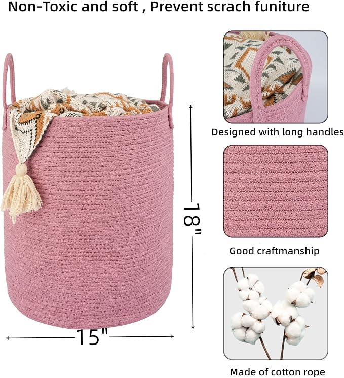 XUANGUO Cotton Rope Laundry Basket Hamper for Clothes Woven Storage Basket for Living Room Bedroom Boho Tall Rope Baskets for Blanket Toys Pillow Towels Baby Nursery Hamper Bin grape purple