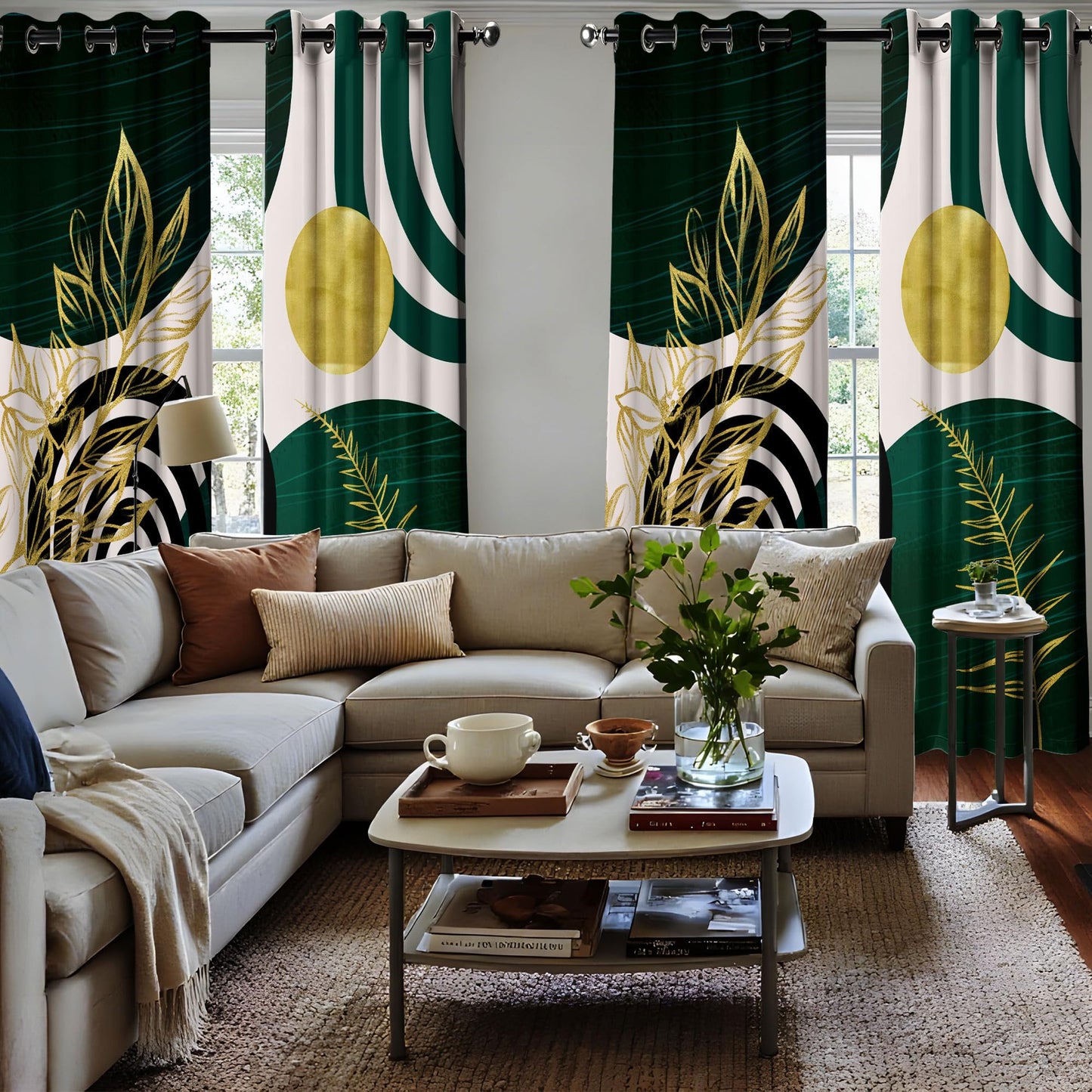 soeeao Mid Century Modern Hunter Green Blackout Curtains Boho, Bohemian MCM Black Emerald Dark Green and Gold Window Drapes for Bedroom Living Room, 84 inch Length 2 Panels Set, 52x84 inch