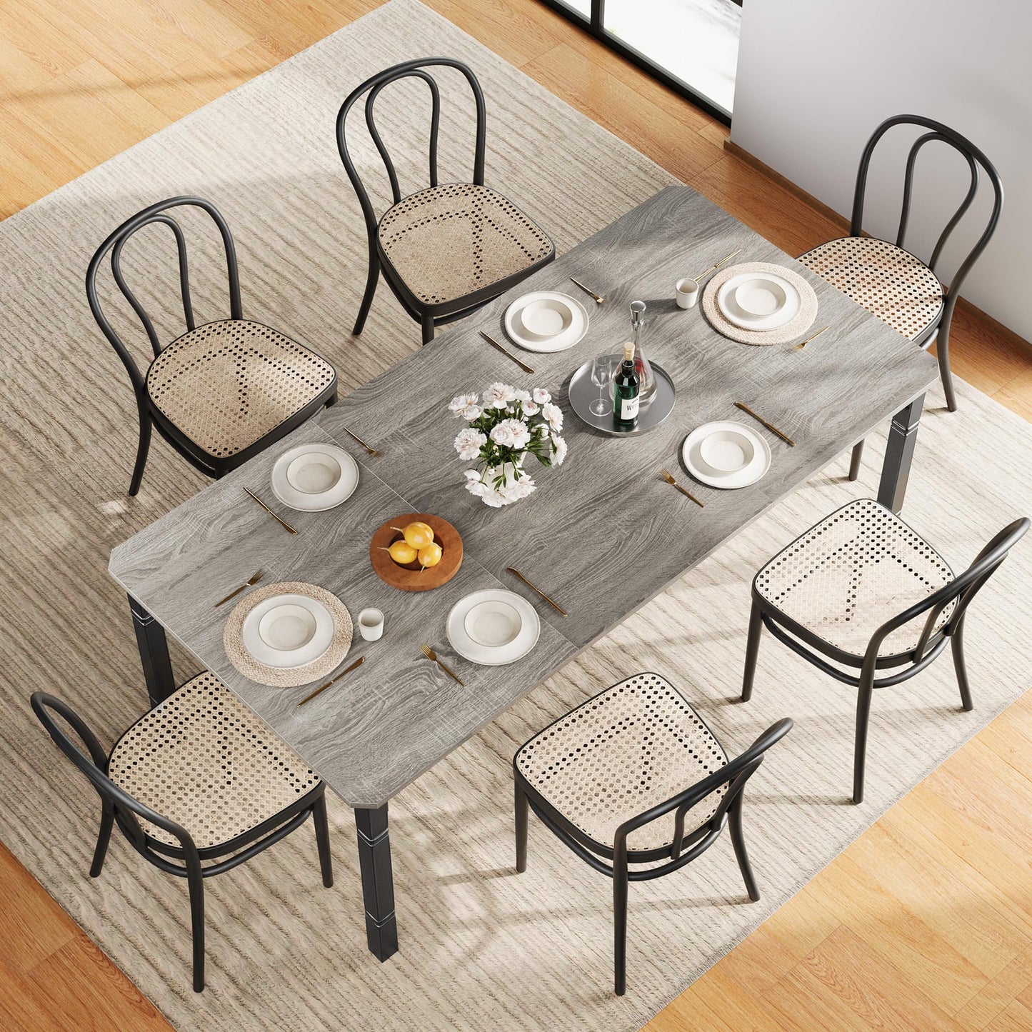 Garvee Large Dining Table for 6-8 People, 71" Wooden Kitchen Table with Sturdy Metal Frame, Dining Room Table for Dining Room, Kitchen, Black Leg & Grey