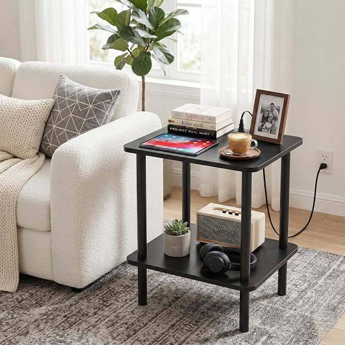 FORAOFUR End Table with Charge Station, Black Small Side Table with USB Ports and Outlets, Narrow Side Table for Living Room, Bedroom and Office, Small Nightstand with Charging Station
