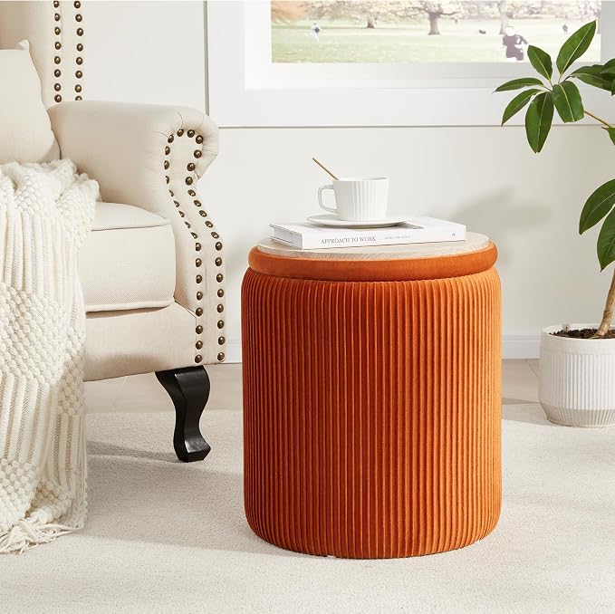 Royal Windsor Round Ottoman with Storage Set of 2,Vanity Stool with Storage for Bedroom, Ottoman Coffee Table,Small Velvet Foot Stool for Living Room, Orange