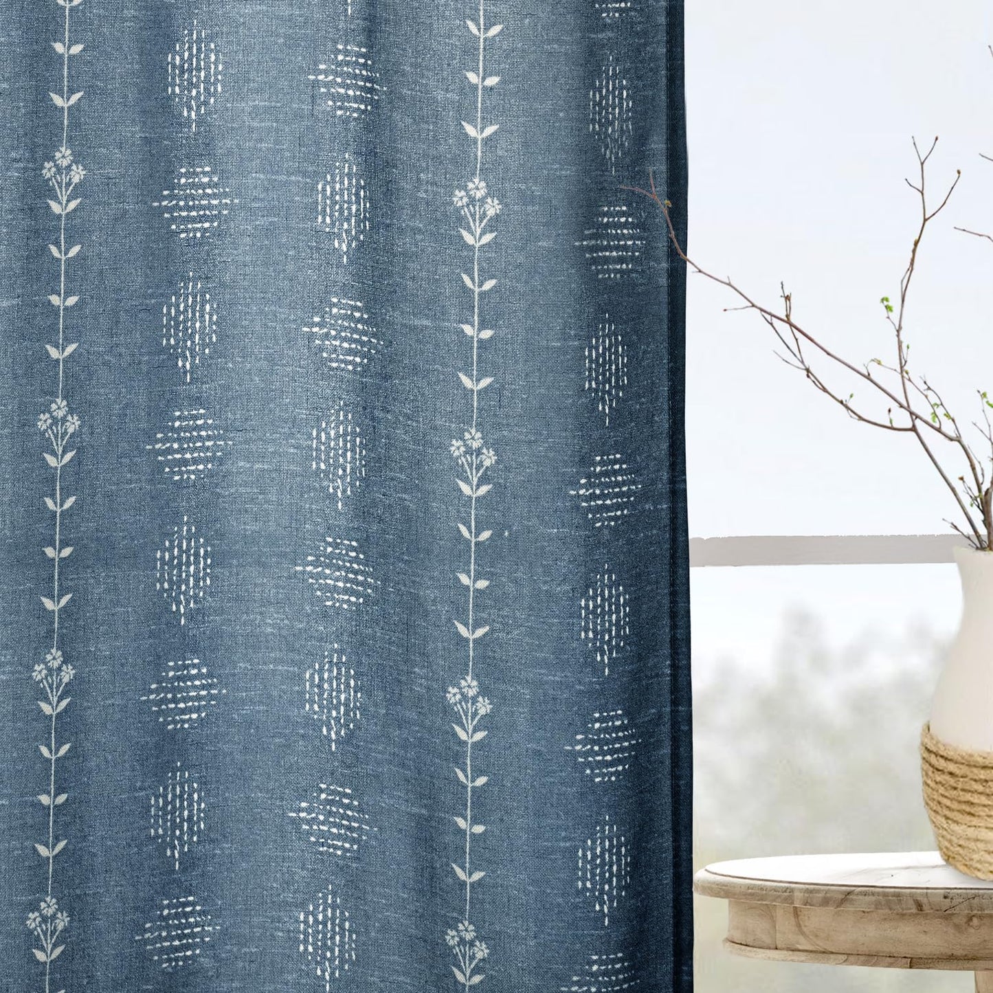 Denim Blue Modern Farmhouse Curtains, Vintage Dusty Blue Grey Chambray Linen Scandinavian Global Inspired Tie Dye Ikat Look Curtains for Living Room Bedroom