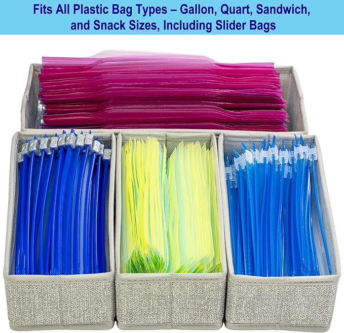 Drawer Organizer, 4-Piece Rigid Fabric Bins for Kitchen | Ideal for kitchen, bathroom, cosmetics, utensils, silverware, and gallon, quart, sandwich & snack bags