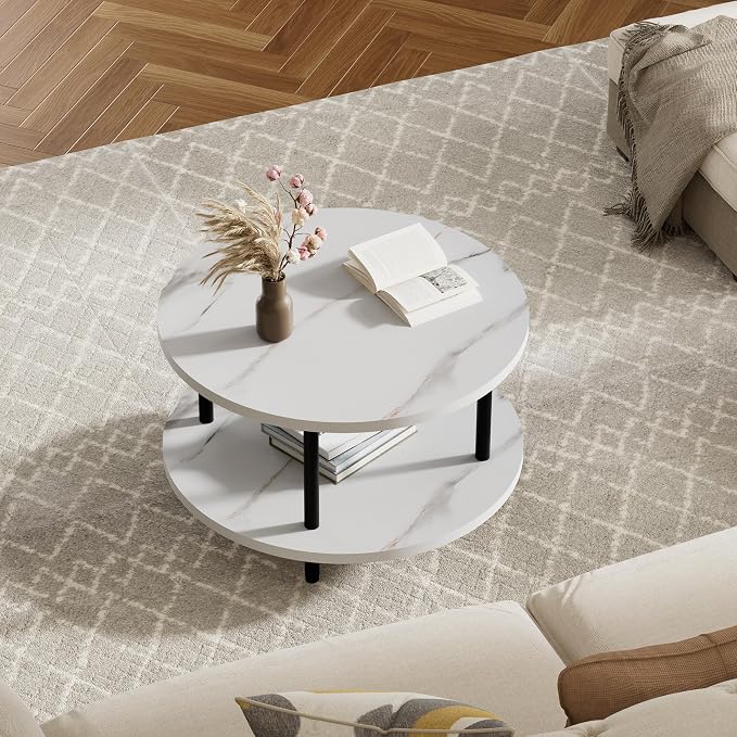 FAMIDGE Round Coffee Table, 23.6" Circle Coffee Table for Living Room, 2-Tier Wood Accent Center Table with Open Storage Industrial Design Home Furniture, White