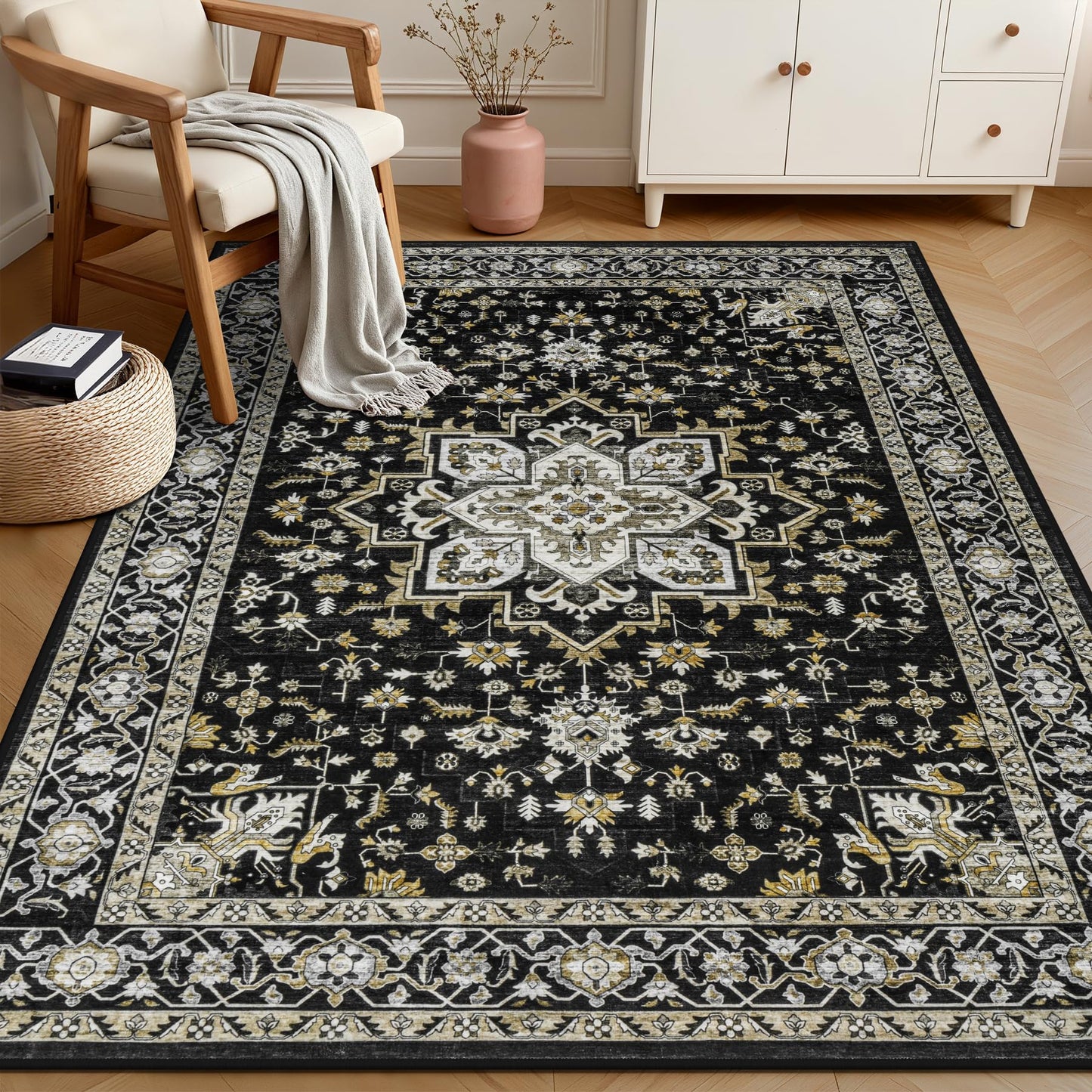 3x5 Area Rugs Living Room Rug: Washable Vintage Boho Medallion Rug No Slip Stain Resistant Soft Carpet Indoor Large Carpets for Bedroom Dining Room Farmhouse Nursery Hallway Home Office Black Gold