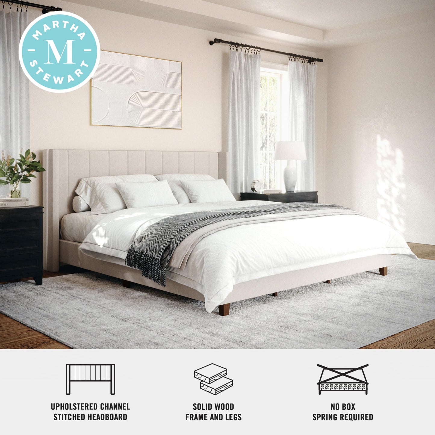Martha Stewart Kay Low Profile Platform Bed with Wingback Headboard, Channel Stitched Faux Linen Upholstery, No Box Spring Needed, King, Beige