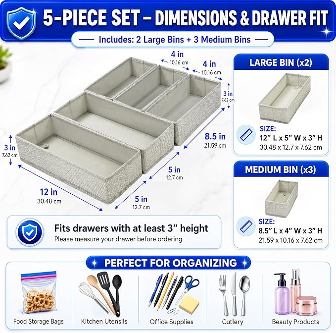 Drawer Organizer, 5-Piece Rigid Fabric Bins for Kitchen | Ideal for kitchen, bathroom, cosmetics, utensils, silverware, and gallon, quart, sandwich & snack bags