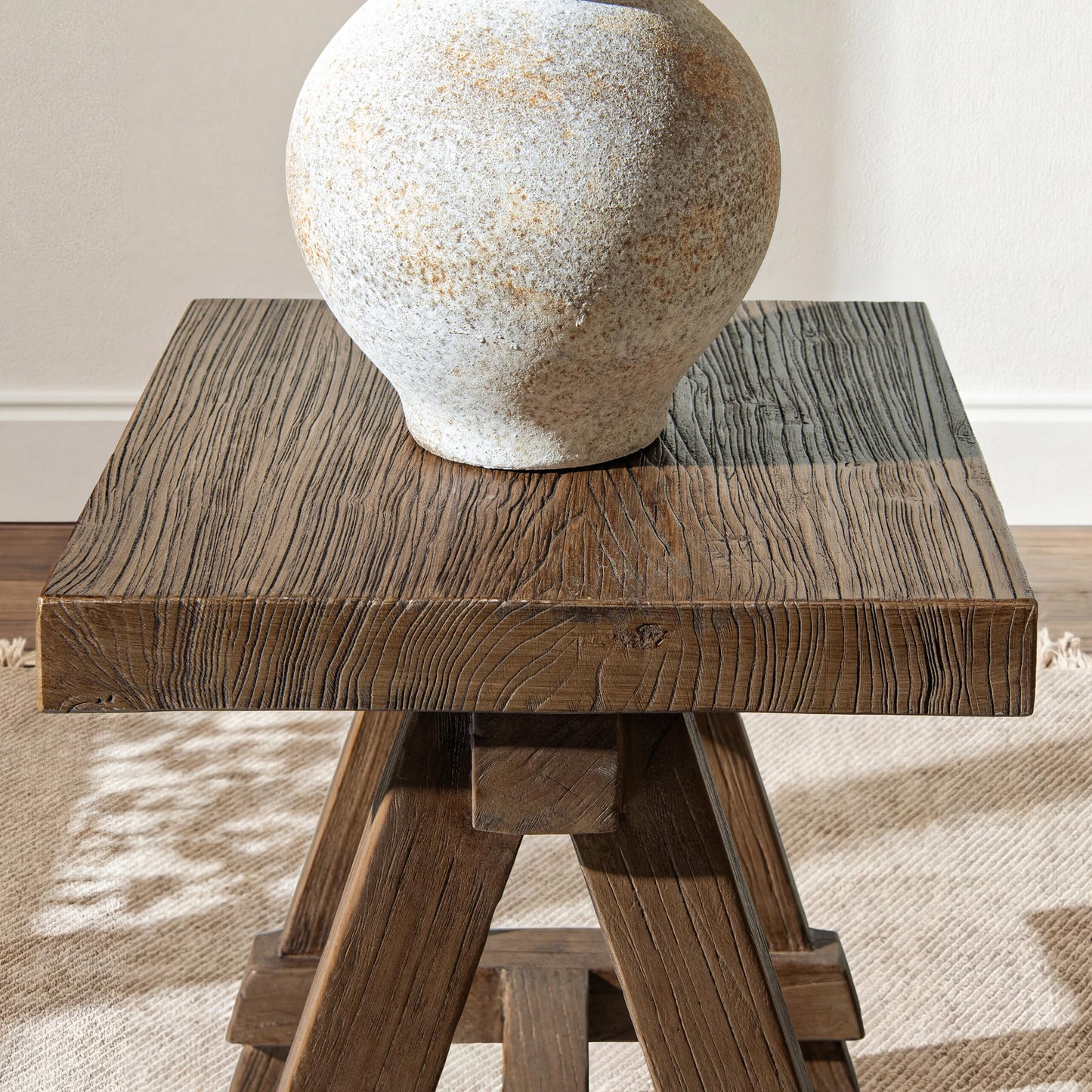 Jennifer Taylor Home Hawthorne 18” Square Reclaimed Elm Trestle Side Table, Heritage Medium-Dark Brown Reclaimed Elm