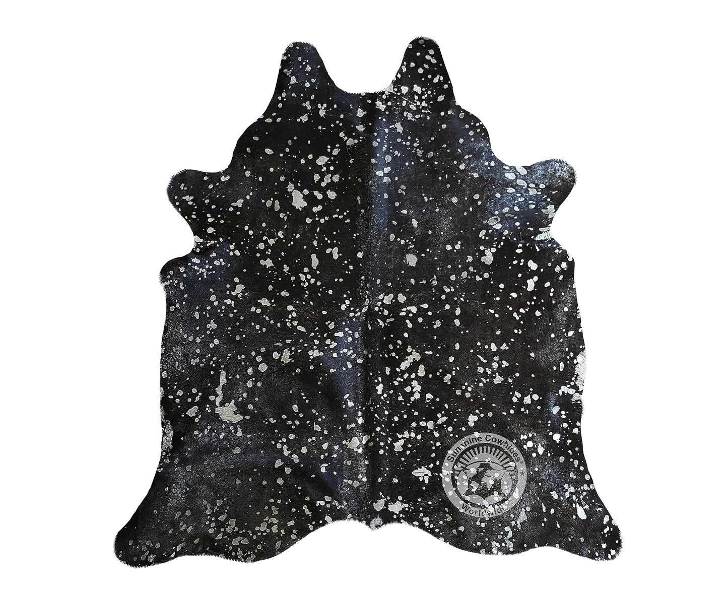Sunshine Cowhides 100% Genuine Metallic Silver on Dyed Black Cowhide Rug - Modern Style Animal Skin Rug & Floor Carpet for Living Room, Bedroom, Kitchen & More - Extra Large (6x7-8 Ft.)