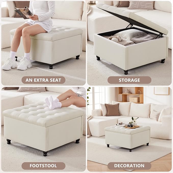 Weture 30 Inch Large Square Storage Ottoman Coffee Table, Oversized Square Ottoman with Storage, Tufted Upholstered Coffee Tables for Living Room (Fabric, Beige)