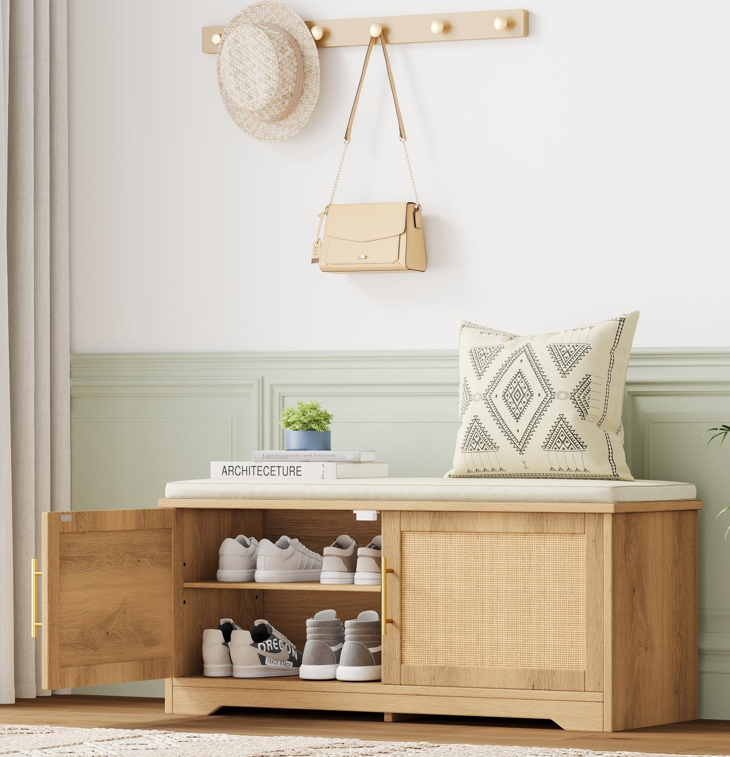 Zeibospri Rattan Shoe Storage Bench with Cushion, 39.4" Wide Entryway Bench with Adjustable Shelf, Hidden Shoe Organizer Cabinet, for Hallway, Living Room, Bedroom, Natural Oak