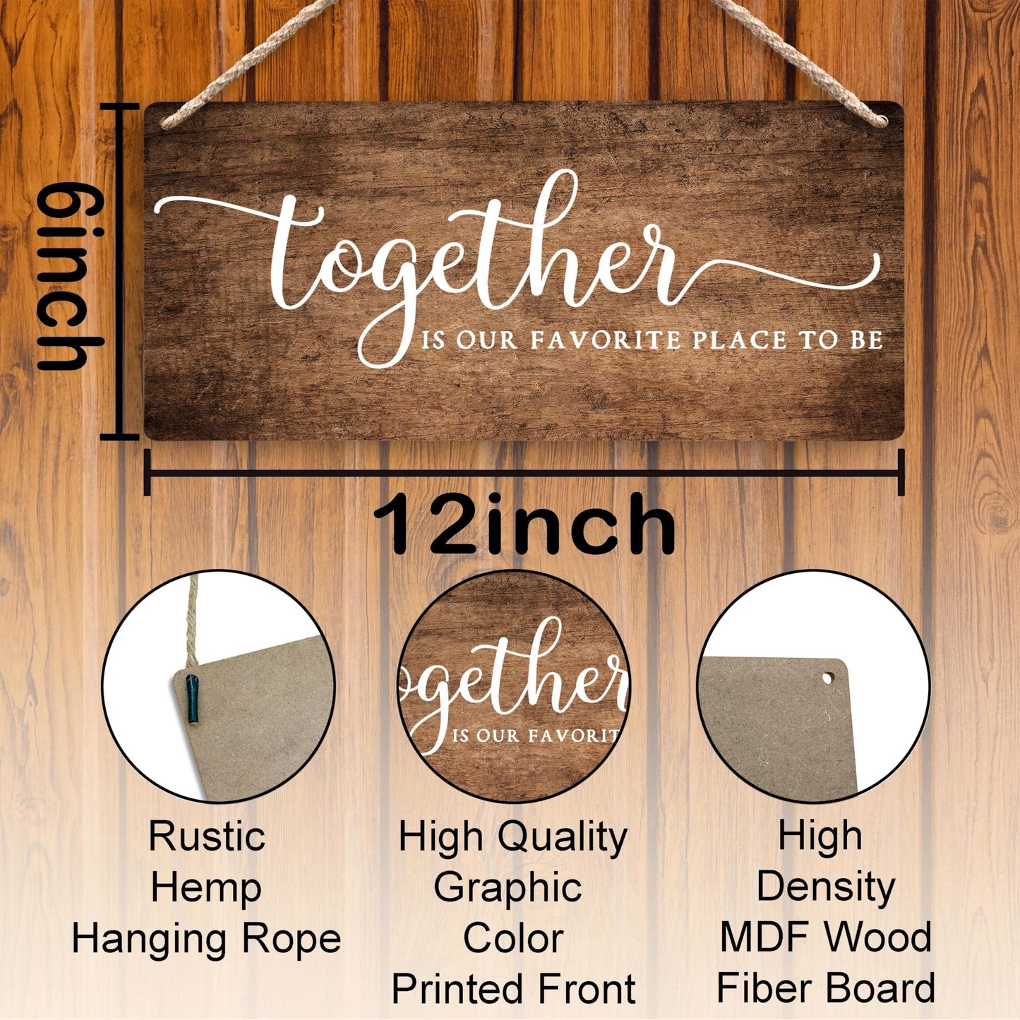 FUGWN Together Is My Favorite Place to Be Hanging Wooden Signs 12x6, Rustic Farmhouse Family Wall Decor Wood Plaque Hanging Decorations for Home Living Room Couples Bedroom Door Decor