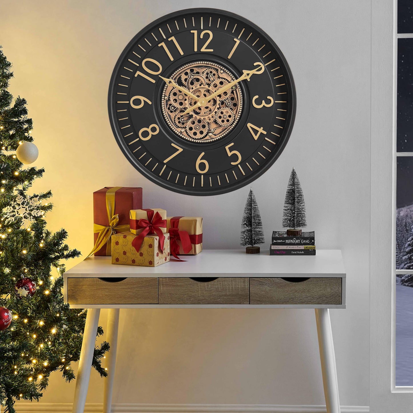 CLXEAST 21 Inch Moving Gear Wall Clock, Large Regular Arabic Numeral Wall Clocks for Living Room Decor,Modern Black& Gold Finish,House Warming Gifts New Home