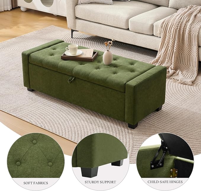 Huatean Home 48" Ottoman with Storage, Storage Ottoman Bench with Safety Hinge, Upholstered Entryway Bench with Seating for Bedroom, Living Room, Holds up to 330 lb, Green