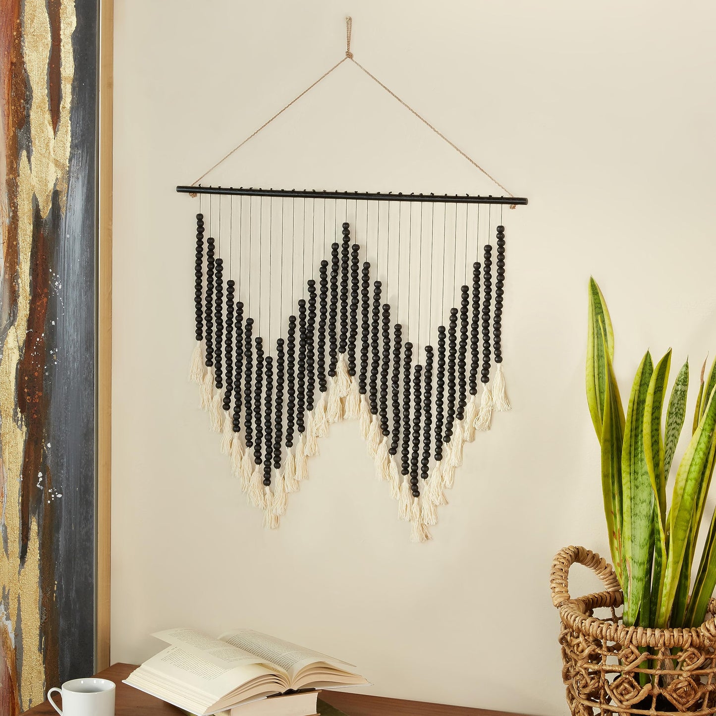 Deco 79 Wood Macrame Home Wall Decor Beaded Wall Sculpture with Fringe Tassels, Wall Art 26" x 1" x 35", Black