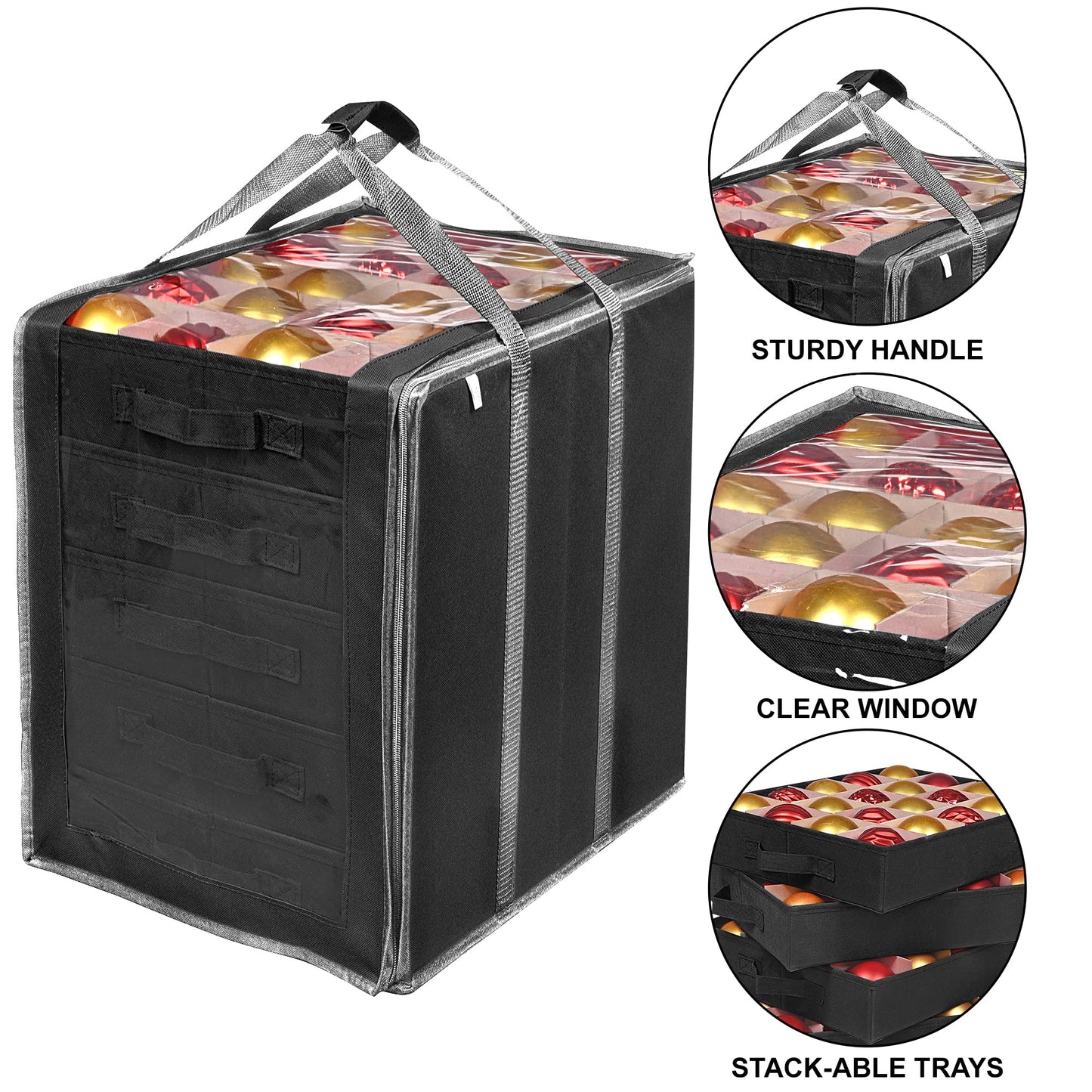 ProPik Christmas Ornament Storage Boxes with Dividers - 5 Separate Trays - Ornament Holder - Keeps 100 Holiday Ornaments - Durable Carrying Bag Handles Organizer Storage Box (Black)
