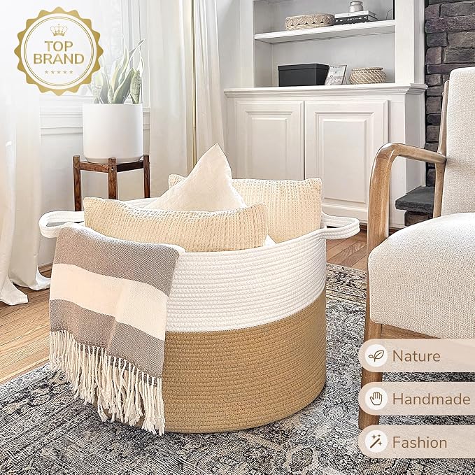 INDRESSME XXXLarge Jute Rope Basket 21.7" x 21.7" x 13.8" Woven Baby Laundry Baskets for Blankets Toys Storage Basket with Handle Comforter Cushions Storage Bins Thread Laundry Hamper