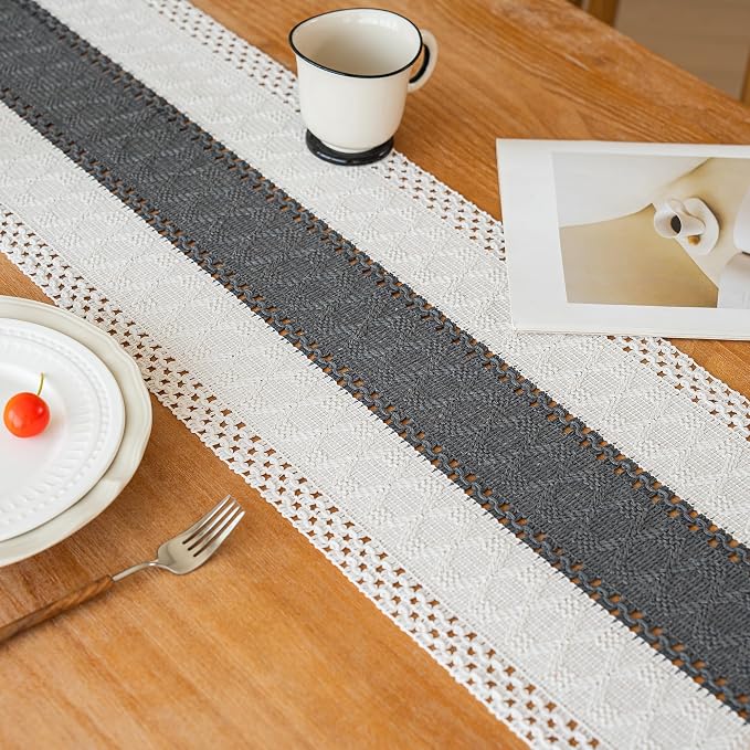 FEXIA Boho Table Runner for Summer Home Decor with Tassels 108 Inches Long Farmhouse Grey Rustic Burlap Table Runner Macrame Table Decoration for Kitchen Bedroom Living Room (12x108 Inches)