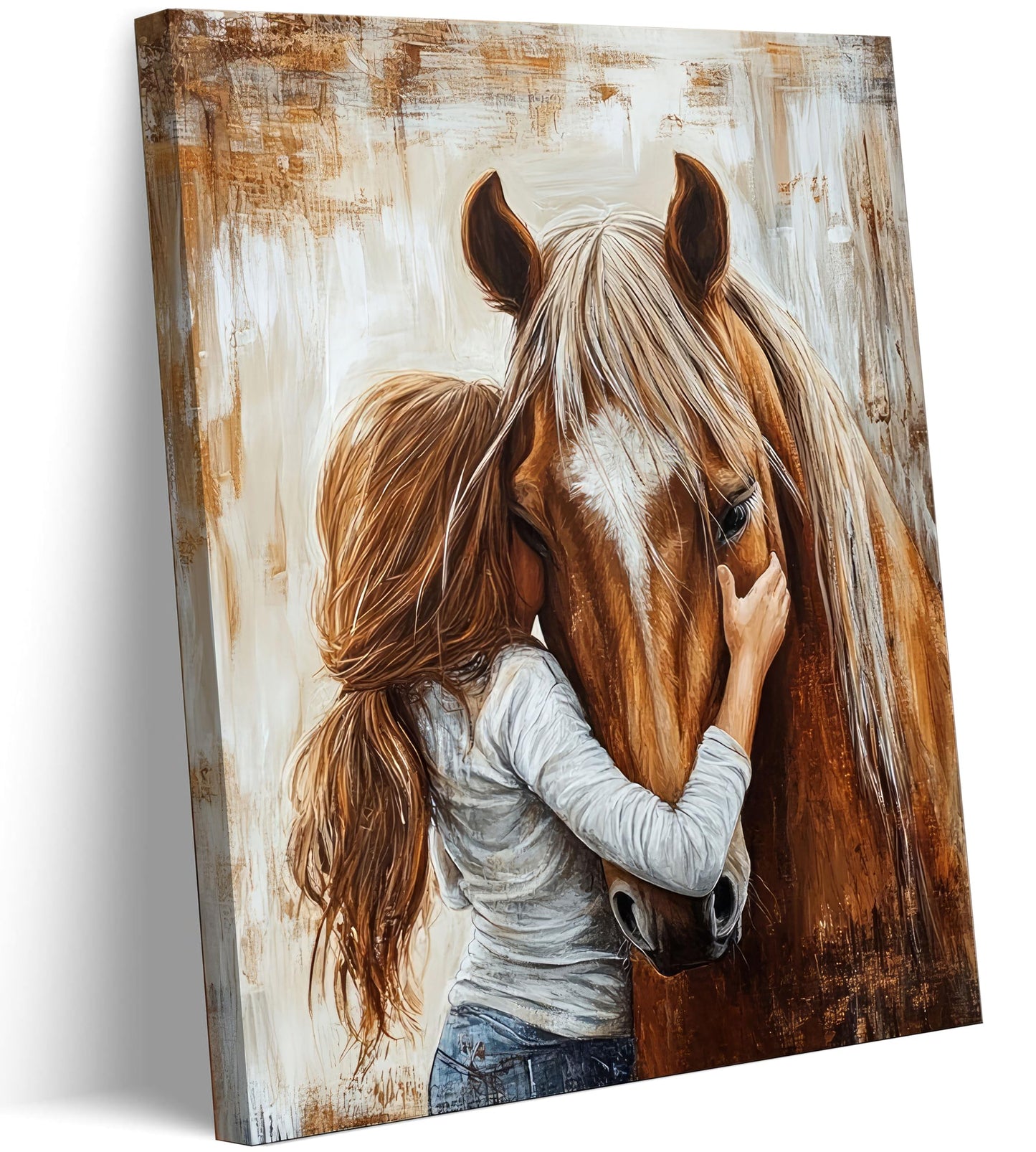 little Girl and Horse Canvas Wall Art Retro Warm Earth Tones Wall Decor Picture Little Girl Hugging Chestnut Horse Poster Print for living Room Bedroom Study Artwork Home Decoration 12x16in