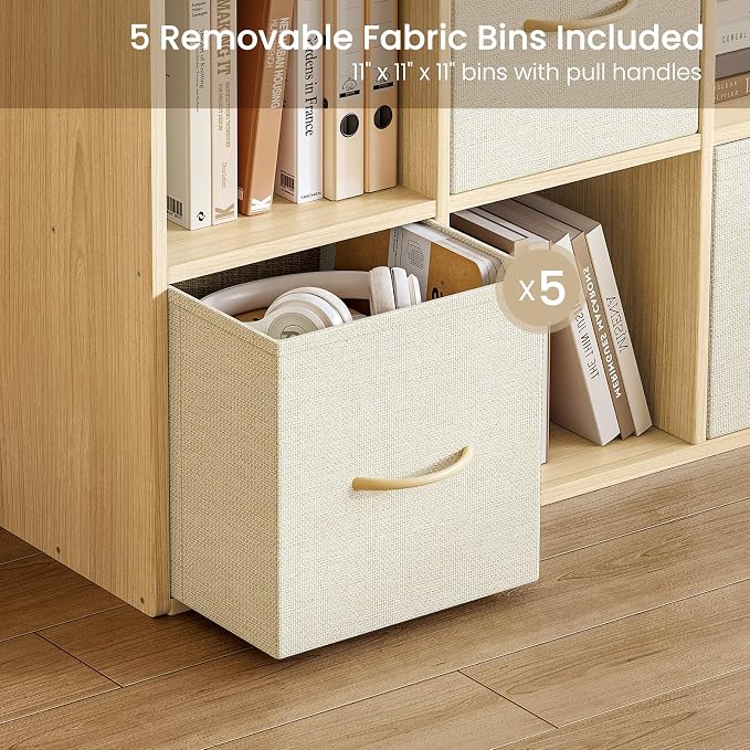 EXPERLAM 9 Cube Storage Organizer - Solid Wood Bookshelf with 5 Storage Bins, Cube Shelf with 3 Removable Back Panels, Vertical or Horizontal Bookcase, Open Book Shelf for Bedroom, Living Room, Office