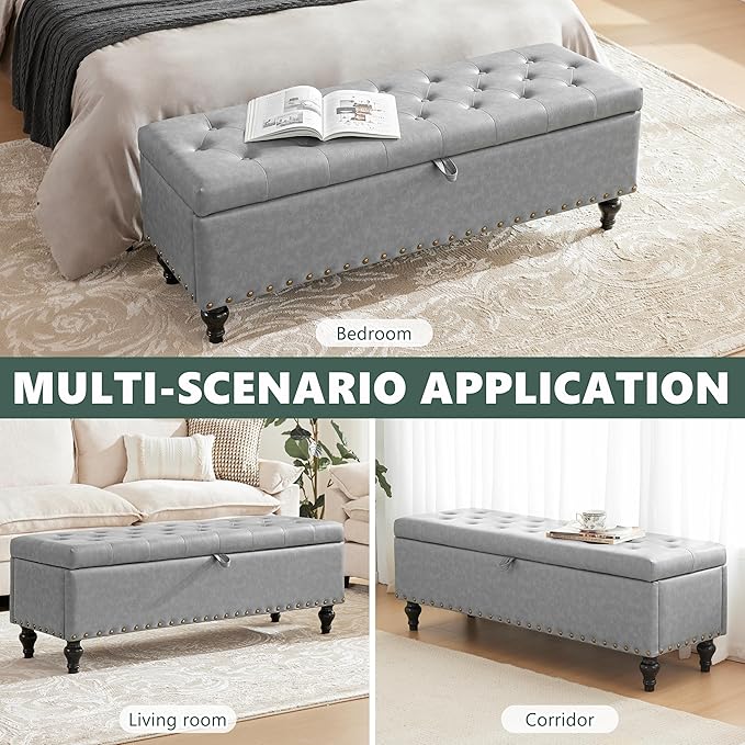 Mangodan 50" Storage Ottoman Bench, Tufted Ottoman with Storage for Living Room, Large End of Bed Ottomans, Modern Entryway Benchs, Window & Bedroom Benches for Foot of Bed (AshGray)