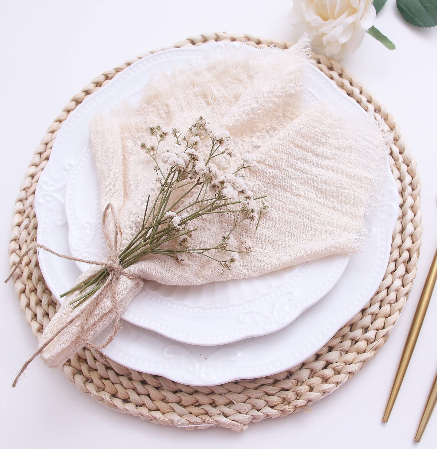 Fall Cloth Napkins with Fringe Set of 12,100% Soft Cotton,Washable Gauze Napkins Great for Weddings Decorative,Dinner Parties,Family Everyday Use (12 Pack, Beige)