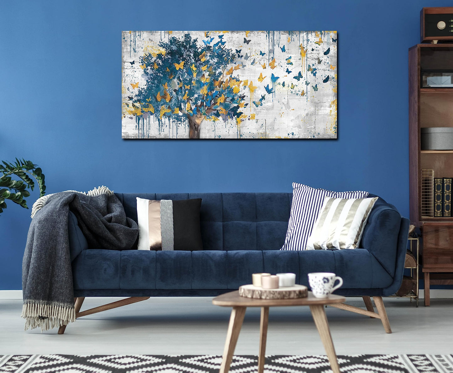 Kepgonegu Large Canvas Wall Art Blue Tree Golden Butterflies Picture Abstract Grey Graffiti Canvas Prints Ready to Hang for Living Room Bedroom Size 20x40