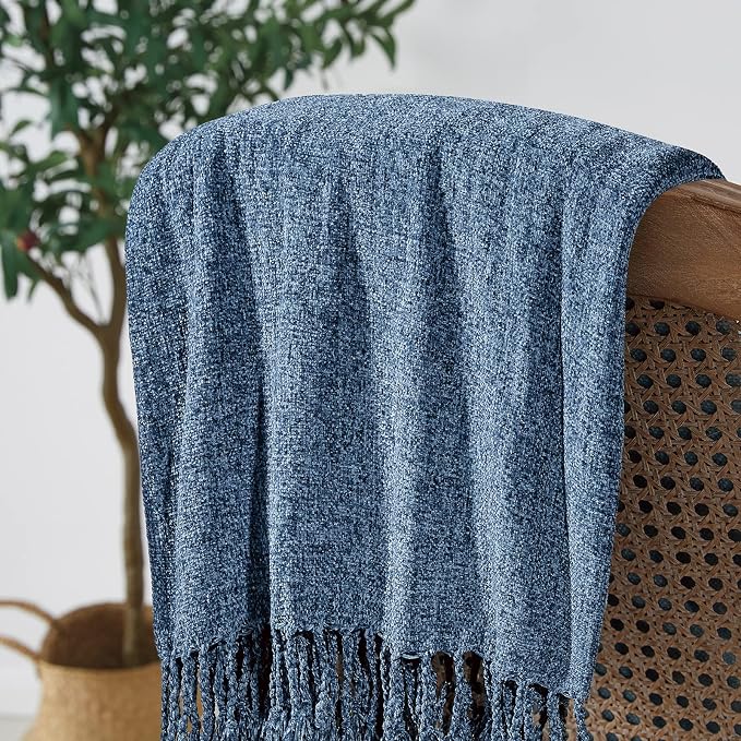 BOURINA Chenille Fluffy Throw Blanket with Decorative Fringe for Couch Cover Sofa Chair Blanket（50×60 Inches） Navy