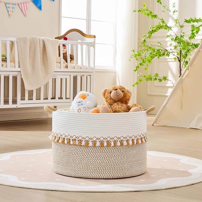 KAKAMAY Cotton Rope Storage Basket (20"x13"),Woven Hamper for Blankets,Toys,Pillows,Clothes,Laundry,Sturdy Handles Decorative Basket for Living Room, Bedroom,Nursery(Brown/Grey)